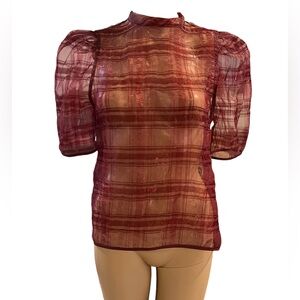 Style Mafia Sheer Puff Short Sleeve Mesh Plaid